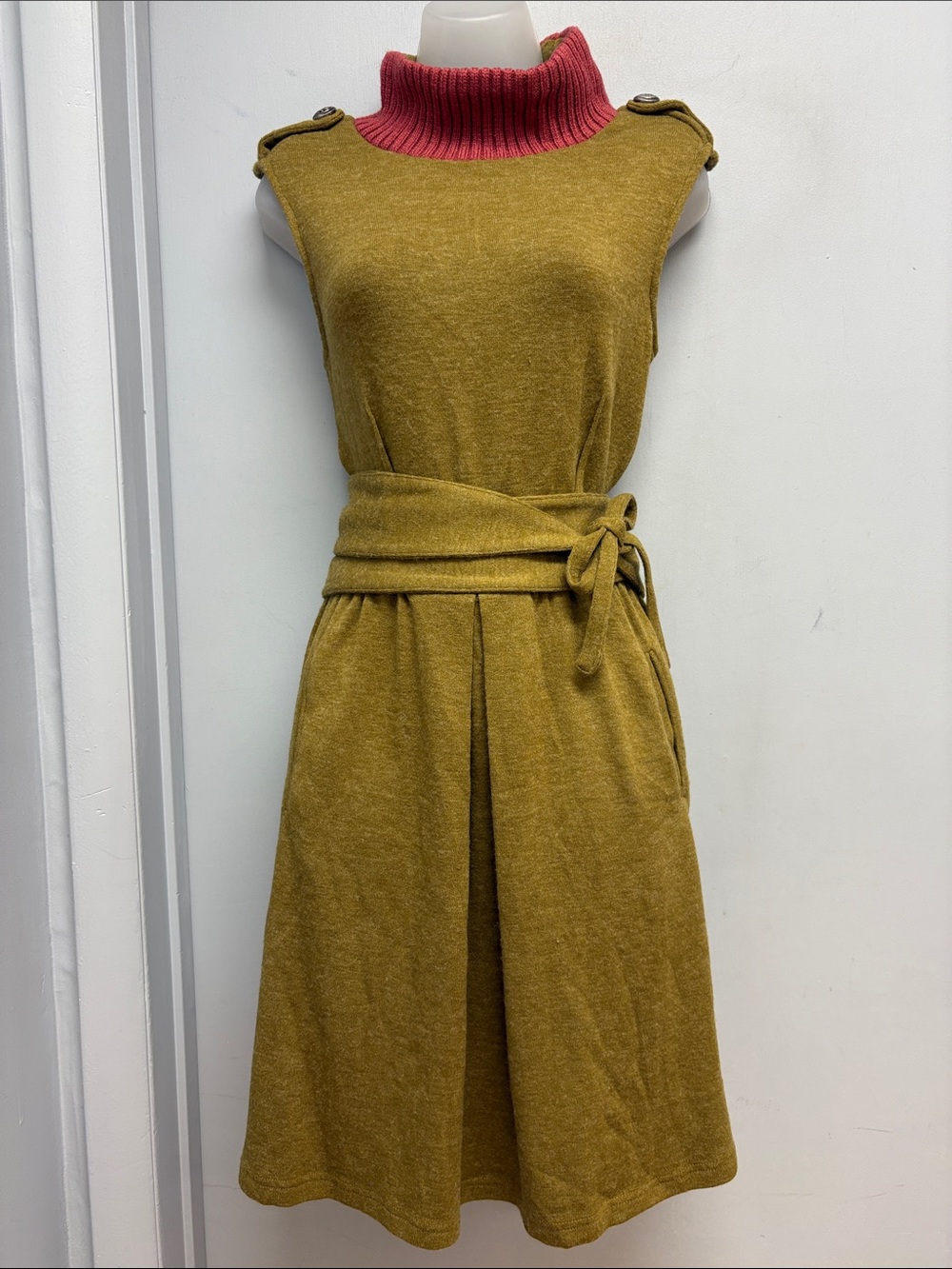 THML Colorblock Turtleneck Sweater Dress Mustard Pink Tie Waist Size Medium